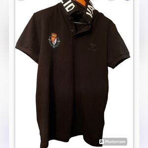 Hummel Polo Shirt Sz L Justo Munoz Black VALLADOLID logo collar